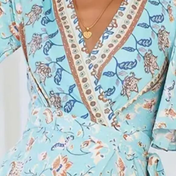 NEW! Pretty Baby Blue Floral Bohemian Print Wrap Around Mini Dress Ruffled - Picture 4 of 5